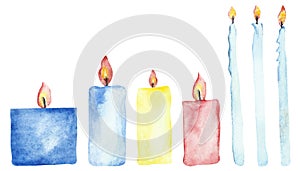 Watercolor hand painted set with different multicolored candles, blue, yellow, pink and light blue wax collection
