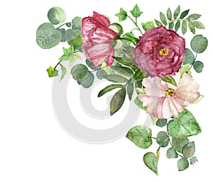 Watercolor hand painted summer bouquet frame with green eucalyptus leaves and pink pion flowers photo