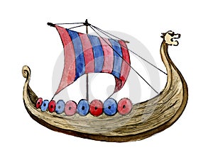 Watercolor hand painted viking ship
