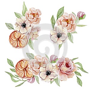 Watercolor hand painted vintage flowers arragement elements. Nature spring banner design roses, anemones, peonies isolated on whit