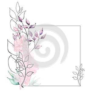 Watercolor hand painted violet, turquoise leaves, line art floral square frame. Floral arrangement on white background