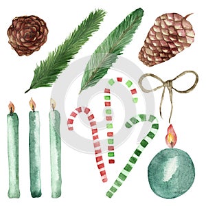 Watercolor hand painted winter celebrate set with green christmas tree fir branches, brown cones, three blue candles.