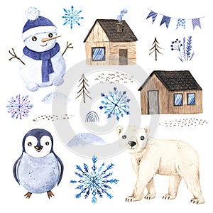 Watercolor hand painted winter cute animals