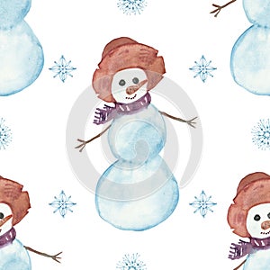 Watercolor hand painted winter holiday seamless pattern with snowman in a red hat and scarf with blue snowflakes