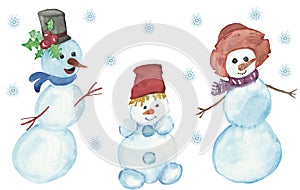 Watercolor hand painted winter holiday set composition with three snowman in a hat and skarf with blue snowflakes