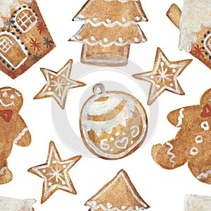 Watercolor hand painted winter holiday sweet seamless pattern with orange gingerbread man, house, christmas tree, ball and star co