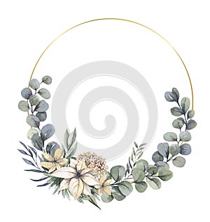 Watercolor hand painted wreath with beige, pink flowers and green leaves.Watercolor floral illustration with branches -