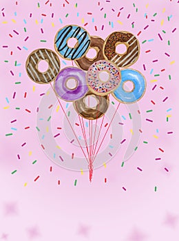 Watercolor hand painting illustration of colorful donuts balloon for celebration card, doughnut set with colorful sugar chocolate