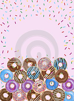 Watercolor hand painting illustration of colorful donuts, a pile of doughnut with colorful sugar chocolate candy topping on pink