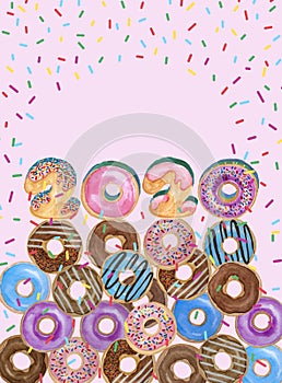 Watercolor hand painting illustration of colorful donuts, the Two thousand twenty letters on a pile of colorful doughnut