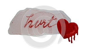 Watercolor hand painting, illustration of red hurt letters writen and red melting heart isolated on white background with clipping