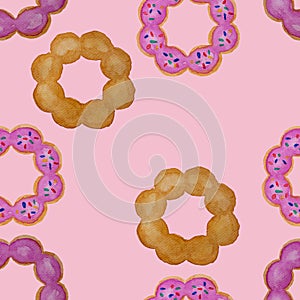 Watercolor hand painting illustration of seamless donuts fired, the round pondering doughnut with strawberry cream melting,