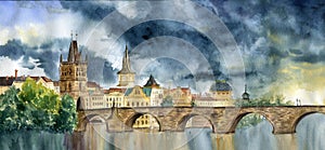 Watercolor hand painting Praha and Karlov most. Illlustration with Tower and the bridge, view of the city.