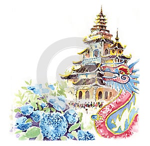 Watercolor hand painting with vietnamese temple  and dragon