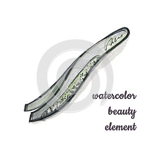 Watercolor hand writen make-up tools. Watercolour Makeup tweezers forming by green and gray colors blots