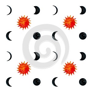 Watercolor handdrawn seamless pattern with sun and moon cycle on white background