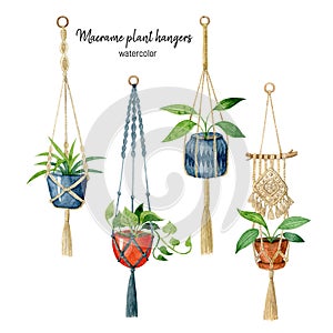 Watercolor handdrawn  set of macrame plant hangers in hygge style.
