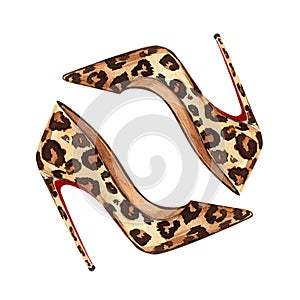 Watercolor handmade fashion illustration heeled shoes. Leopard print shoes. Accessory.