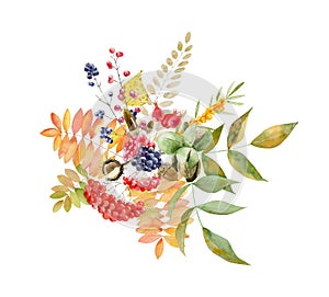 Watercolor handpainted fall arrangement of foliage and fruit