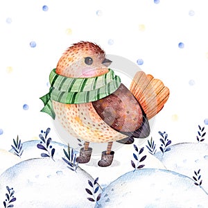 Watercolor handpainted illustration with a cute bird
