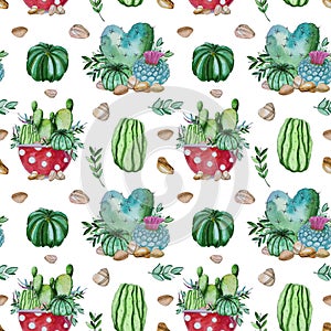 Watercolor handpainted seamless pattern of cactus plant