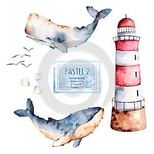 Watercolor handpainted whales,seashells and lighthouse in pastel colors.