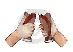 Watercolor hands with glasses of beer