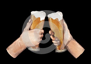 Watercolor hands with glasses of beer