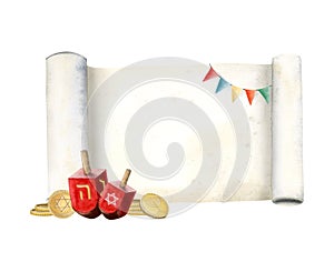 Watercolor Hanukkah greeting card template with Torah scroll, dreidels, flags and coins illustration