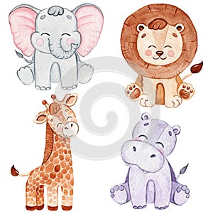 Watercolor happy african animals set isolated on white background