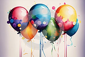 Watercolor happy birthday balloon background. Generative ai
