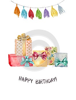 Watercolor Happy birthday greeting card. Hand painted illustration with tassel garland, Happy birthday lettering and