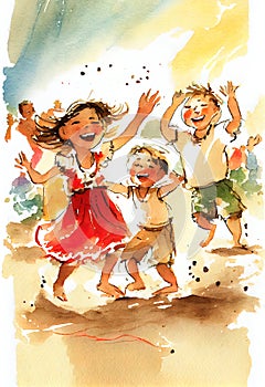 Watercolor happy dancing childs. Ai render