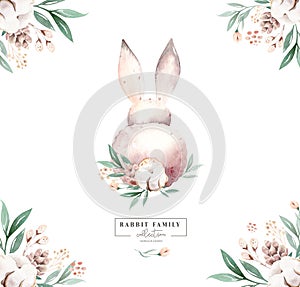 Watercolor Happy Easter baby bunnies design with spring blossom flower. Rabbit bunny kids illustration isolated. Hand