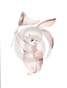 Watercolor Happy Easter baby bunnies design with spring blossom flower. Rabbit bunny kids illustration isolated. Hand