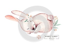 Watercolor Happy Easter baby bunnies design with spring blossom flower. Rabbit bunny kids illustration isolated. Hand