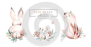 Watercolor Happy Easter baby bunnies design with spring blossom flower. Rabbit bunny kids illustration isolated. Hand