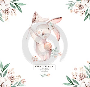 Watercolor Happy Easter baby bunnies design with spring blossom flower. Rabbit bunny kids illustration isolated. Hand