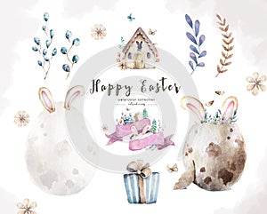 Watercolor Happy Easter. Colored egg with bunny ears and spring floral, isolated on a white background for design set