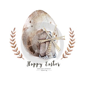 Watercolor Happy Easter. Colored egg with windmill and spring floral, isolated on a white background