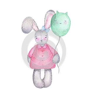 Watercolor happy easter cute girl bunny rabbit with air balloons