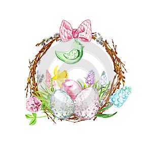 Watercolor Happy easter decoration. Hand painted  wreath with colored eggs, tree branches and colorful spring flowers