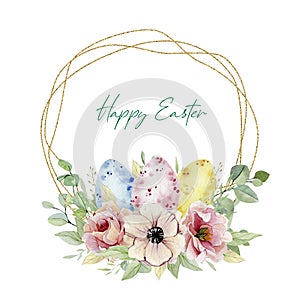 Watercolor Happy Easter egg with botanical flowers wreath. Cute banner Easter illustration for greating card, party card, postcard