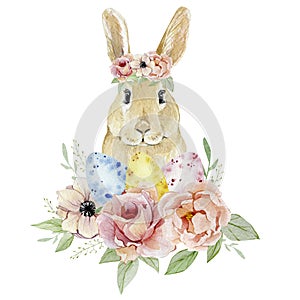 Watercolor Happy Easter egg nd funny bunny with botanical flowers clipart. Vintage Easter illustration for greating card, banner, photo