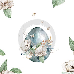 Watercolor Happy Easter ggs with flower and spring floral, isolated on a white background