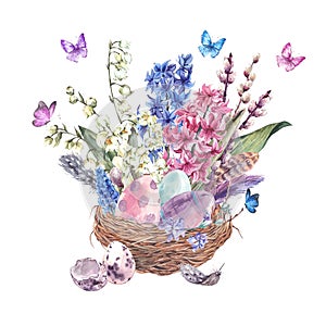 Watercolor Happy Easter greeting card, spring flowers bouquet an