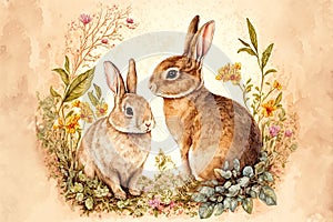 Watercolor Happy Easter illustration with bunnies looking at each other for greeting card or invitation. Generative AI