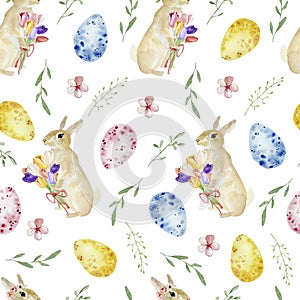 Watercolor Happy Easter seamless pattern, spring botanical greenery and flower with cute rabbits. Celepration illustration for wra