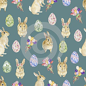 Watercolor Happy Easter seamless pattern, spring botanical greenery and flower with cute rabbits. Celepration illustration for wra