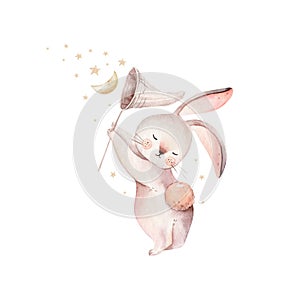 Watercolor Happy Easter baby bunnies design with spring blossom flower. Rabbit bunny kids illustration isolated. Hand photo